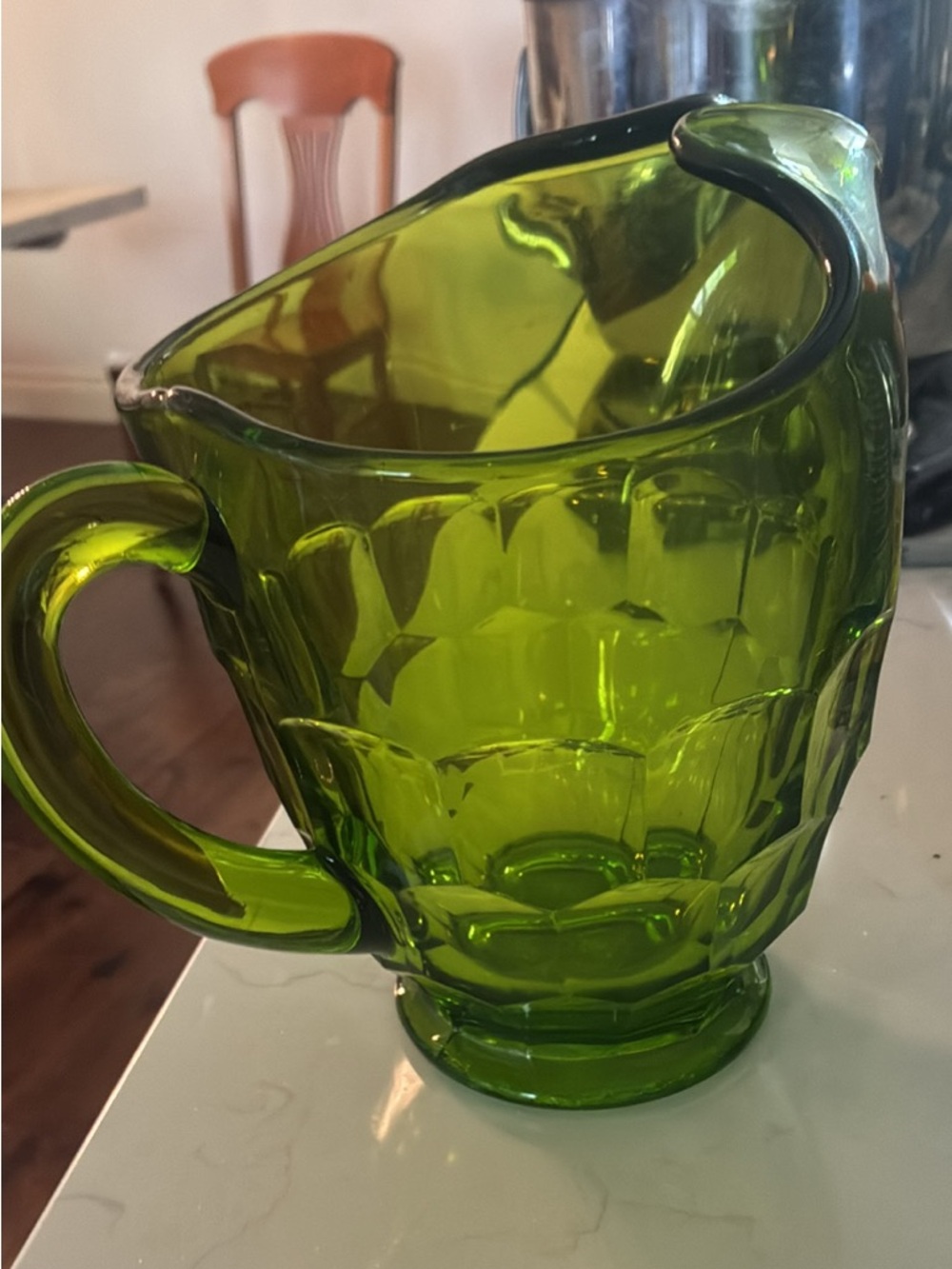 Green Glass Pitcher - Textured Vintage Style